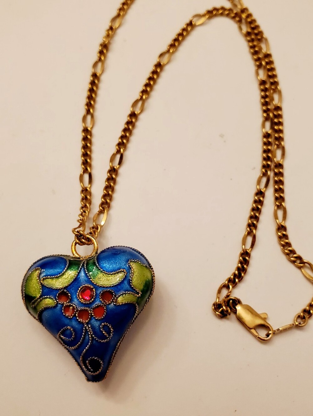 Blue Cloisonne Enamel PUFFY Heart Pendant Necklace - 18 Inch Chain 24kt GB
